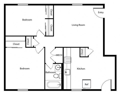 Floor plan for 2 beds, 1 bath, 914 sqft