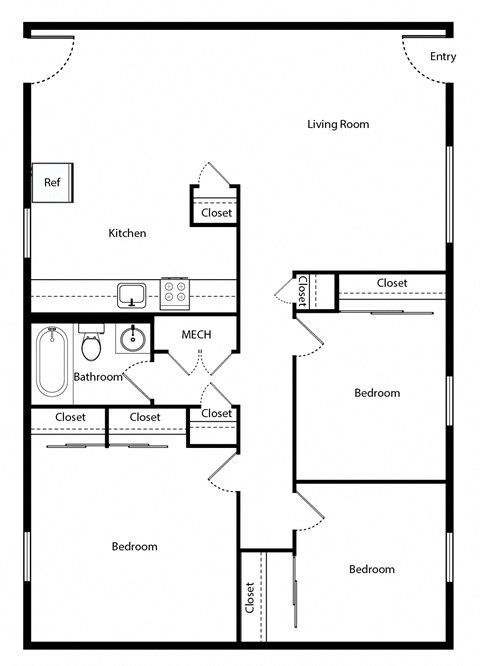 Floor plan for 3 beds, 1 bath, 1006 sqft
