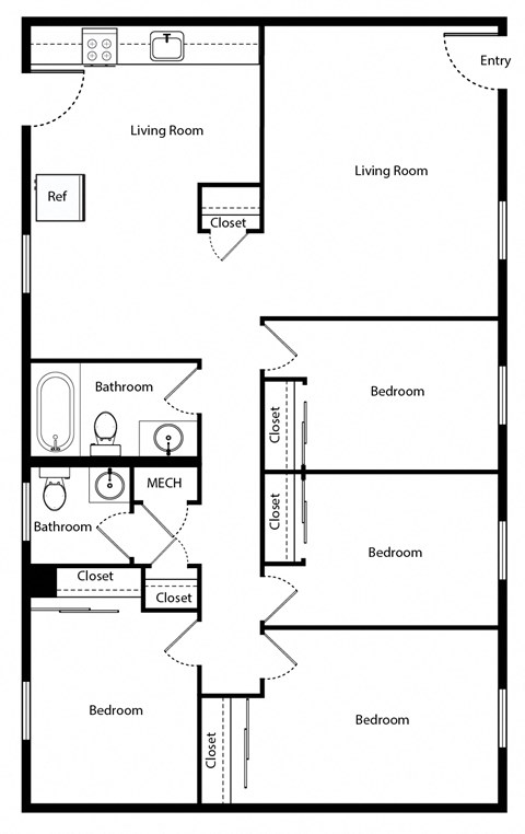 Floor plan for 4 beds, 1.5 baths, 1165 sqft