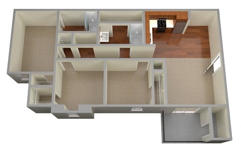 Floor plan for 3 beds, 2 baths, 1102 sqft