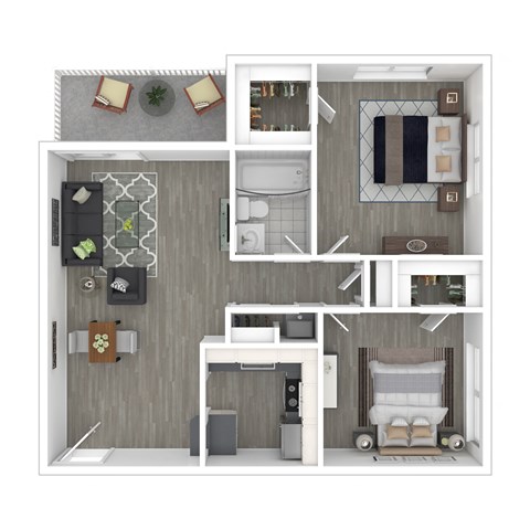 Floor plan for 2 beds, 1 bath, 741 sqft