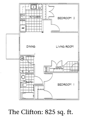 Floor plan for 2 beds, 1 bath, 825 sqft