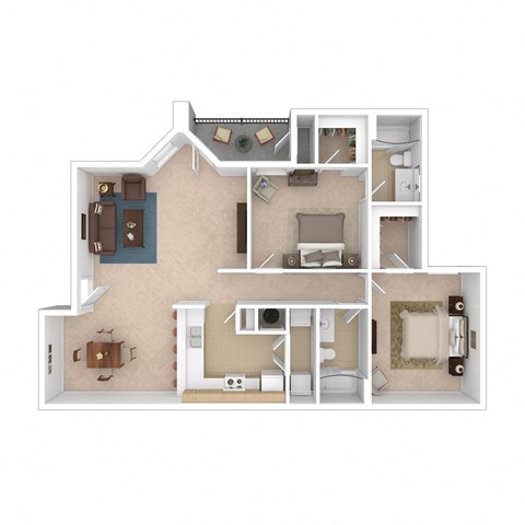 Floor plan for 2 beds, 2 baths, 950 sqft