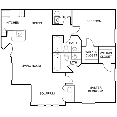 Floor plan for 2 beds, 2 baths, 1034 sqft