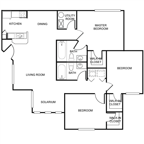 Floor plan for 3 beds, 2 baths, 1228 sqft