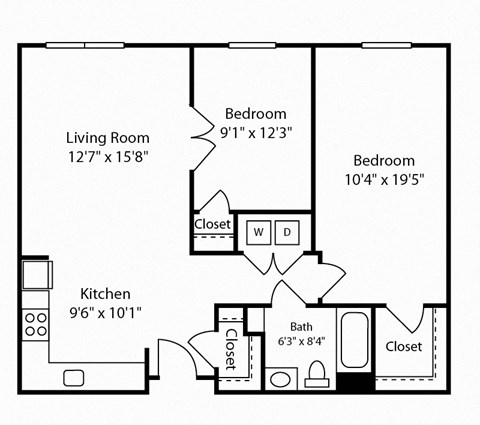 Floor plan for 2 beds, 1 bath, 990 sqft