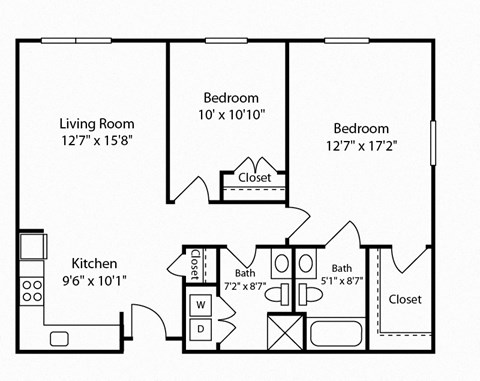 Floor plan for 2 beds, 1 bath, 990 sqft