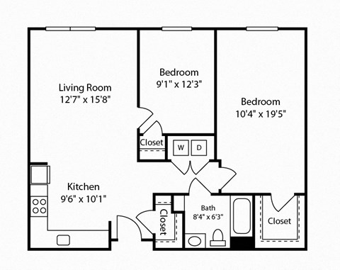 Floor plan for 2 beds, 1 bath, 882 sqft