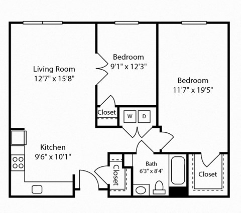 Floor plan for 2 beds, 1 bath, 911 sqft