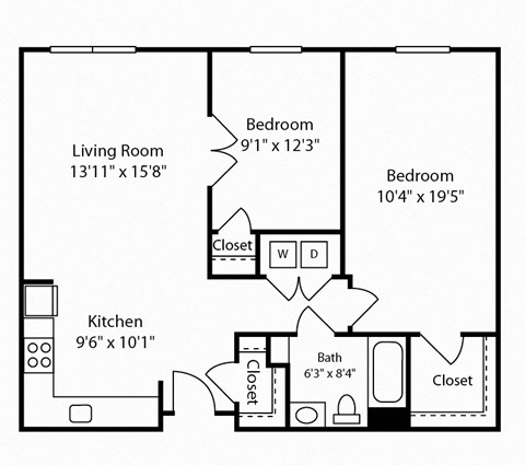 Floor plan for 2 beds, 1 bath, 914 sqft