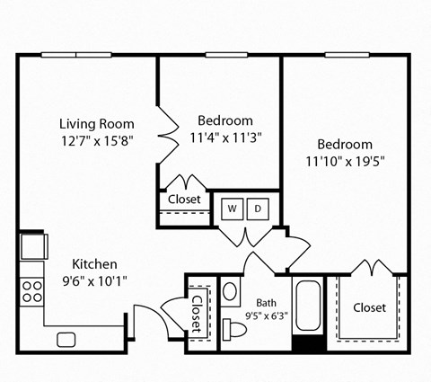 Floor plan for 2 beds, 1 bath, 978 sqft