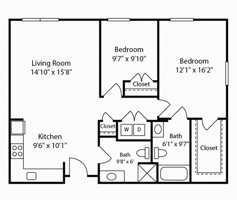 Floor plan for 2 beds, 1 bath, 1000 sqft