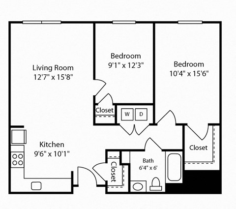 Floor plan for 2 beds, 1 bath, 856 sqft