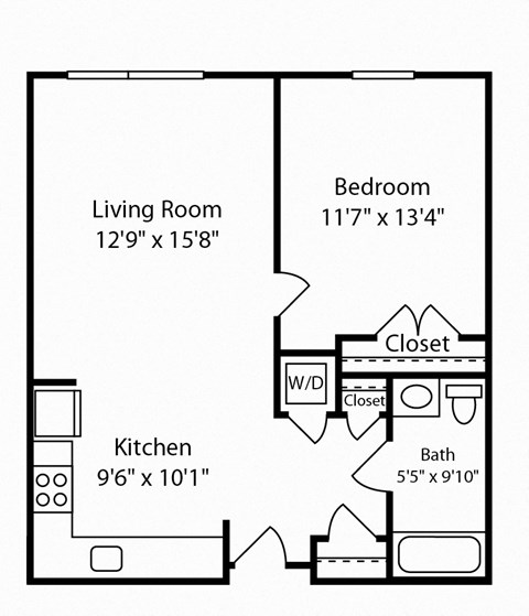 Floor plan for 1 bed, 1 bath, 663 sqft