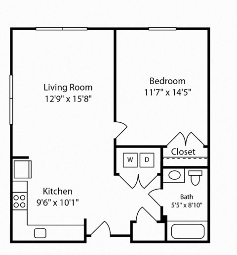 Floor plan for 1 bed, 1 bath, 666 sqft