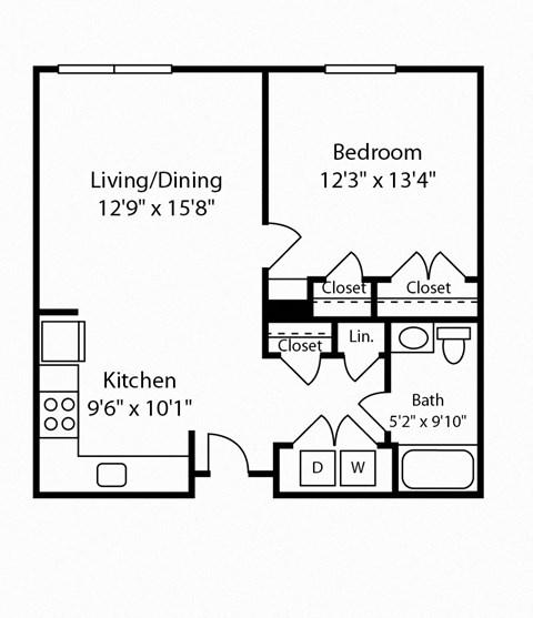 Floor plan for 1 bed, 1 bath, 743 sqft
