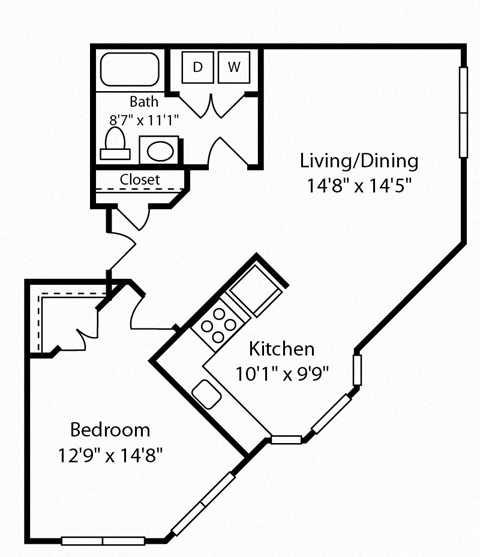 Floor plan for 1 bed, 1 bath, 836 sqft