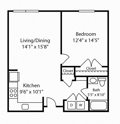 Floor plan for 1 bed, 1 bath, 717 sqft