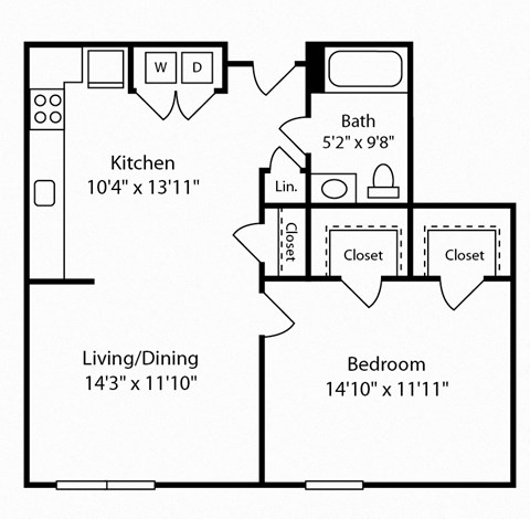 Floor plan for 1 bed, 1 bath, 728 sqft