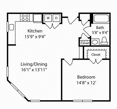 Floor plan for 1 bed, 1 bath, 824 sqft