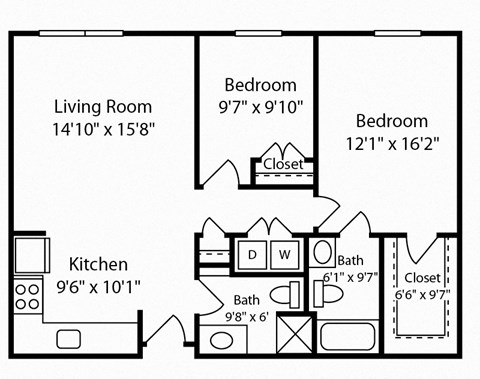 Floor plan for 2 beds, 2 baths, 1000 sqft