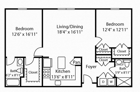 Floor plan for 2 beds, 2 baths, 1177 sqft