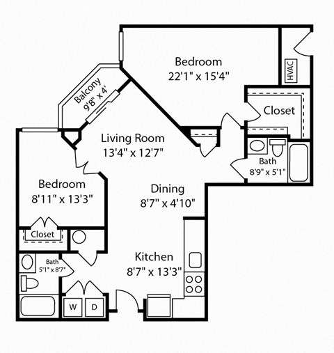 Floor plan for 2 beds, 2 baths, 1164 sqft