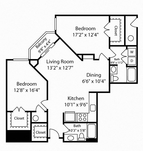 Floor plan for 2 beds, 2 baths, 1199 sqft