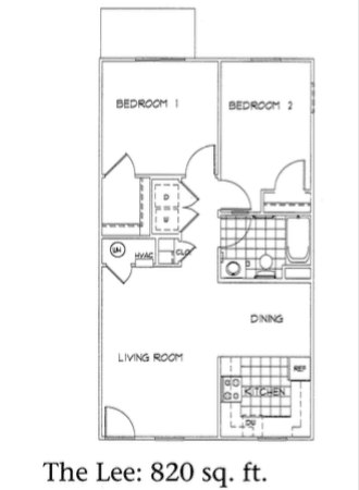 Floor plan for 2 beds, 1 bath, 820 sqft