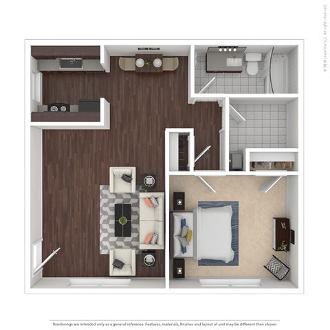 Floor plan for 1 bed, 1 bath, 640 sqft