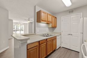 Ladson apartment for rent - a kitchen with white appliances and wooden cabinets at Palms on Ashley River Apartments, Ladson, 29456