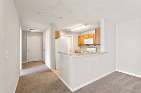 Ladson apartment for rent - a kitchen and hallway with a carpeted floor at Palms on Ashley River Apartments, South Carolina
