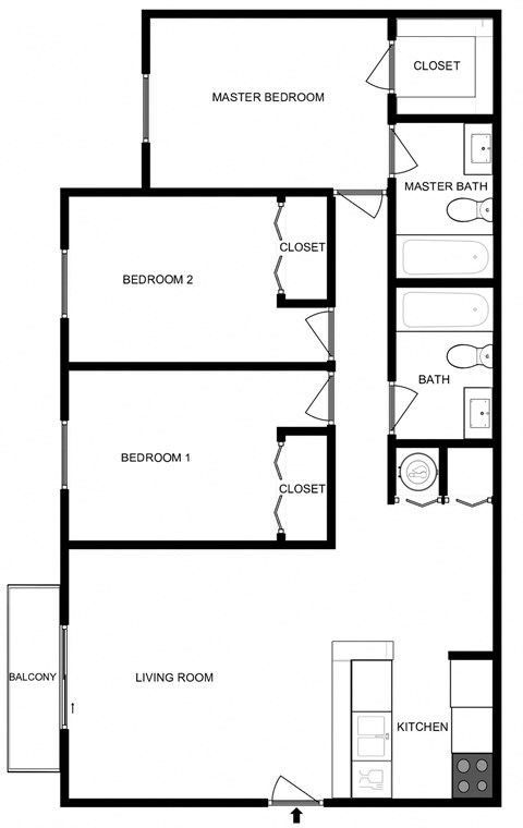 Floor plan for 3 beds, 2 baths, 989 sqft