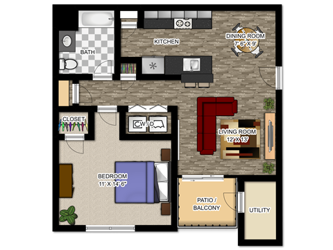Floor plan for 1 bed, 1 bath, 750 sqft