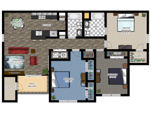 Floor plan for 3 beds, 2 baths, 1276 sqft