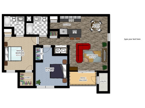 Floor plan for 2 beds, 2 baths, 1070 sqft