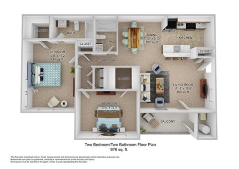 Floor plan for 2 beds, 2 baths, 976 sqft