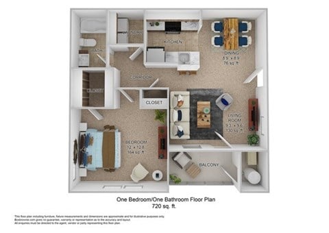 Floor plan for 1 bed, 1 bath, 720 sqft