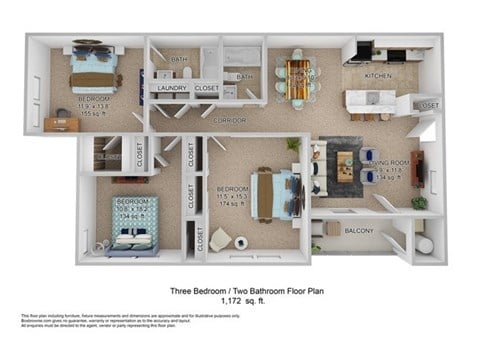 Floor plan for 3 beds, 2 baths, 1172 sqft