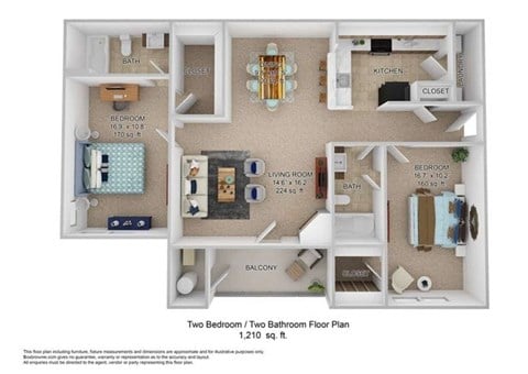 Floor plan for 2 beds, 2 baths, 1210 sqft