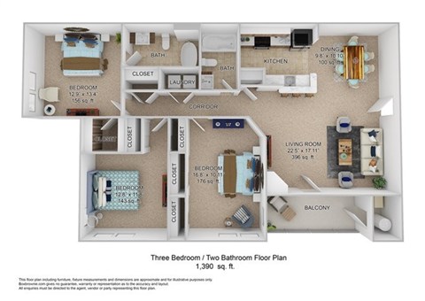Floor plan for 3 beds, 2 baths, 1390 sqft