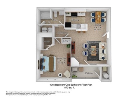 Floor plan for 1 bed, 1 bath, 870 sqft