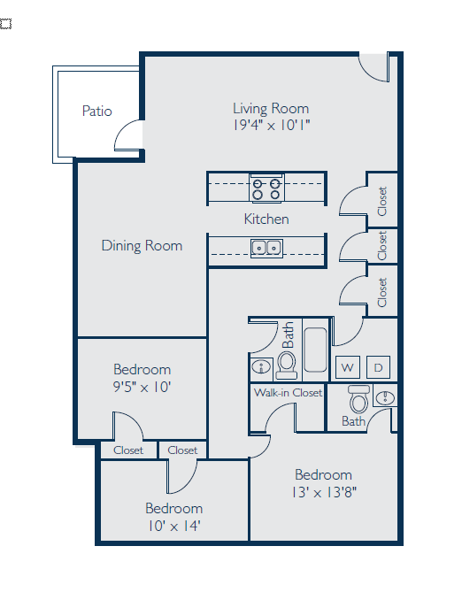 Floor plan for 3 beds, 2 baths, 1240 sqft