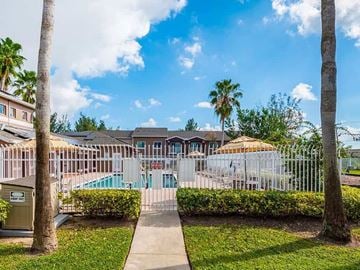 Miami Gardens apartment for rent - A sunny day at the poolside with palm trees and a clear blue sky.