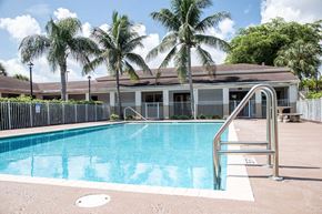 Homestead apartment for rent - A swimming pool surrounded by palm trees and a building in the background.