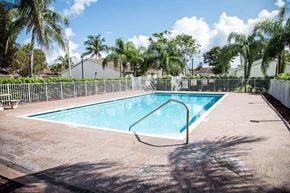 Homestead apartment for rent - A small pool surrounded by a fence and palm trees.