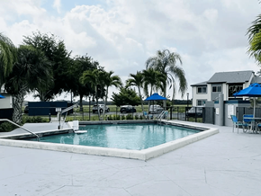 Homestead apartment for rent - A pool surrounded by palm trees and blue umbrellas.