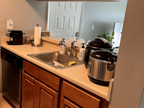 Homestead apartment for rent - A kitchen with a stainless steel sink and a black pressure cooker on the counter.