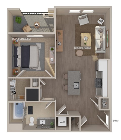 Floor plan for 1 bed, 1 bath, 800 sqft