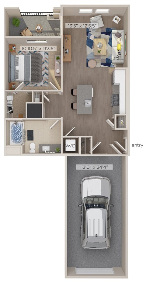 Floor plan for 1 bed, 1 bath, 975 sqft